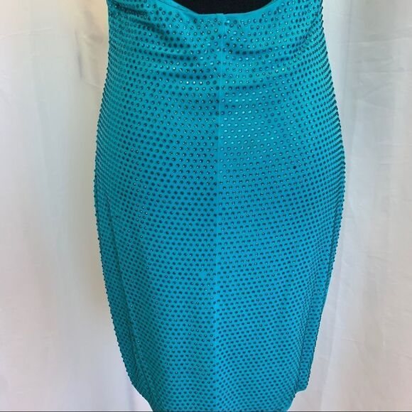 Bebe blue turquoise crystal rhinestone halter deep v neck dress Sz M - Picture 7 of 15